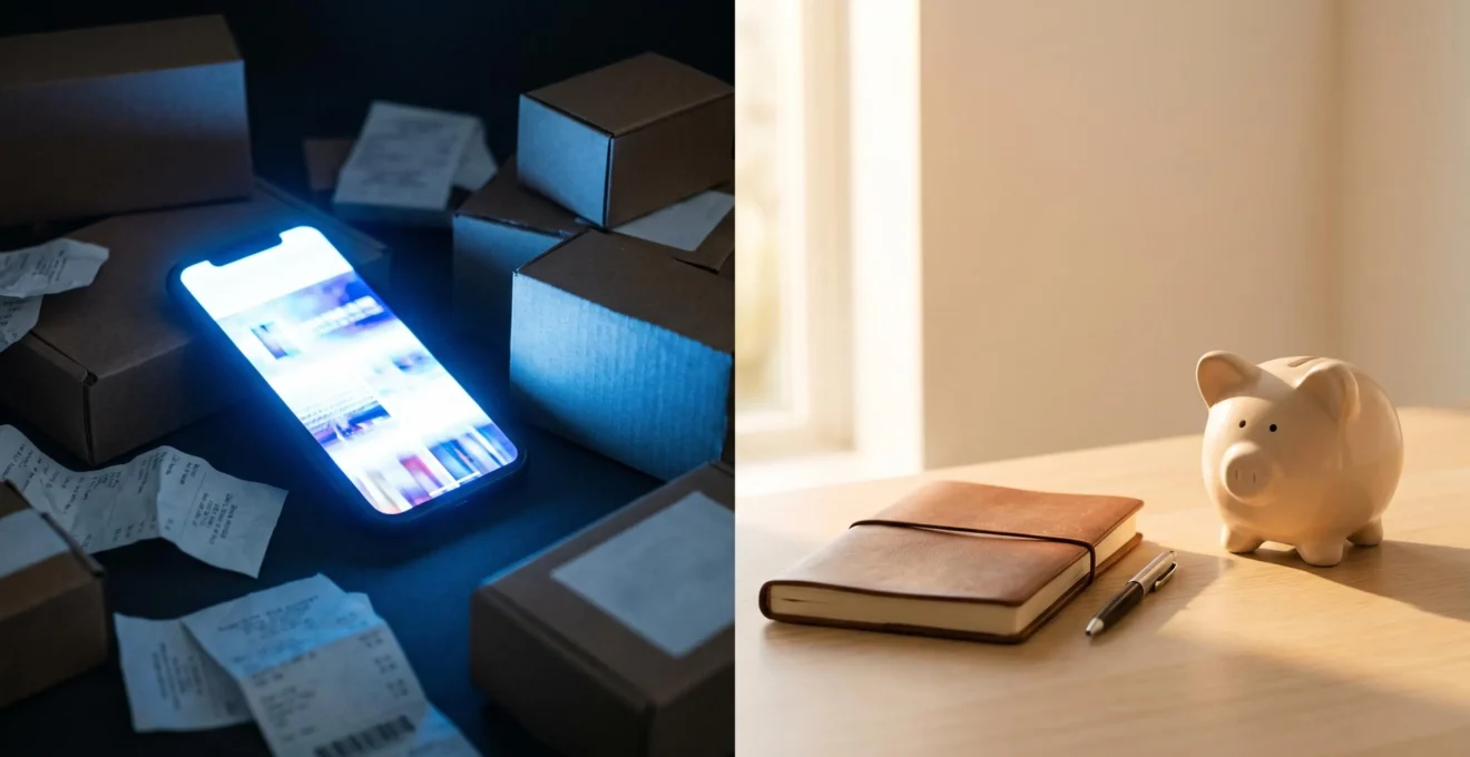 Scena simbolica che rappresenta il controllo degli acquisti online impulsivi e il risparmio consapevole