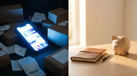 Scena simbolica che rappresenta il controllo degli acquisti online impulsivi e il risparmio consapevole