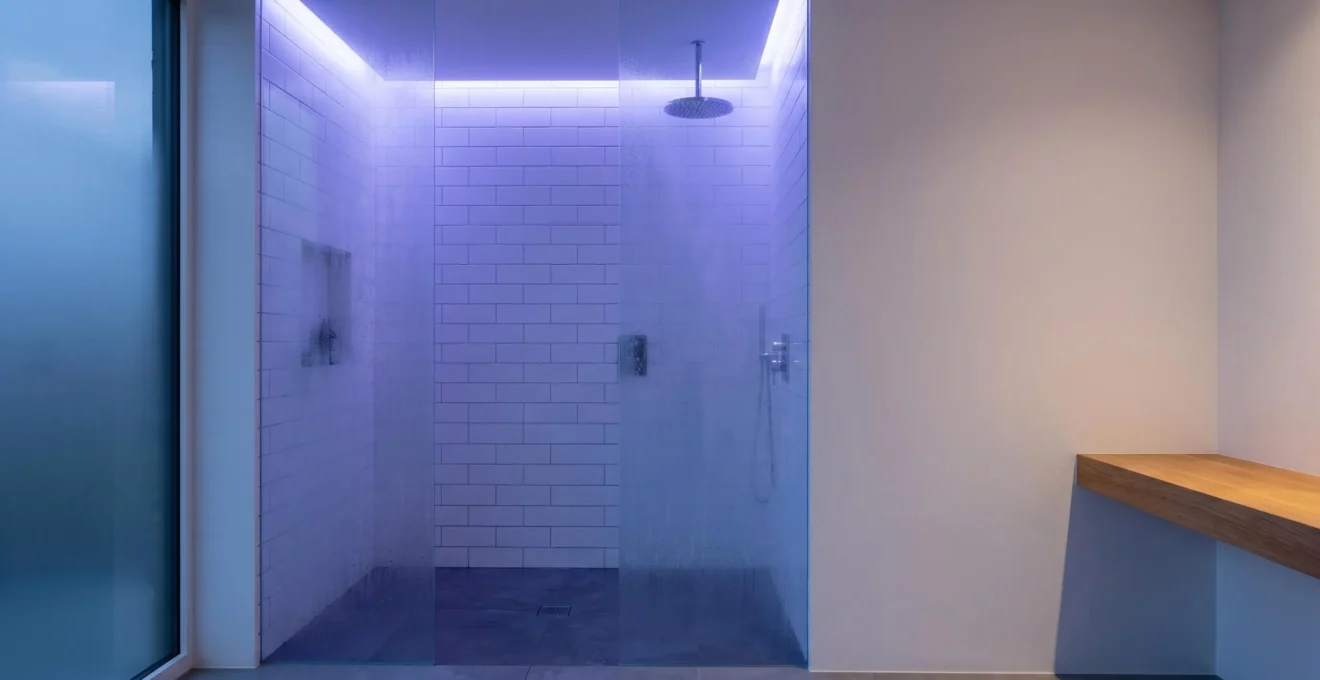 Doccia moderna con illuminazione cromoterapica blu viola per favorire il sonno profondo