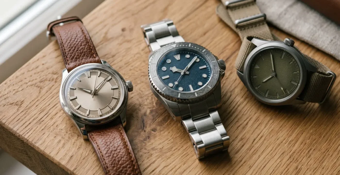 Dettaglio ravvicinato di orologi meccanici con movimenti visibili e quadranti eleganti su superficie minimalista