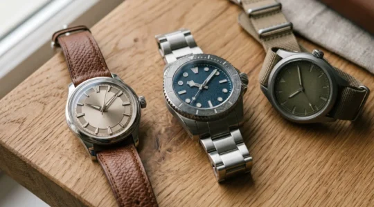 Dettaglio ravvicinato di orologi meccanici con movimenti visibili e quadranti eleganti su superficie minimalista