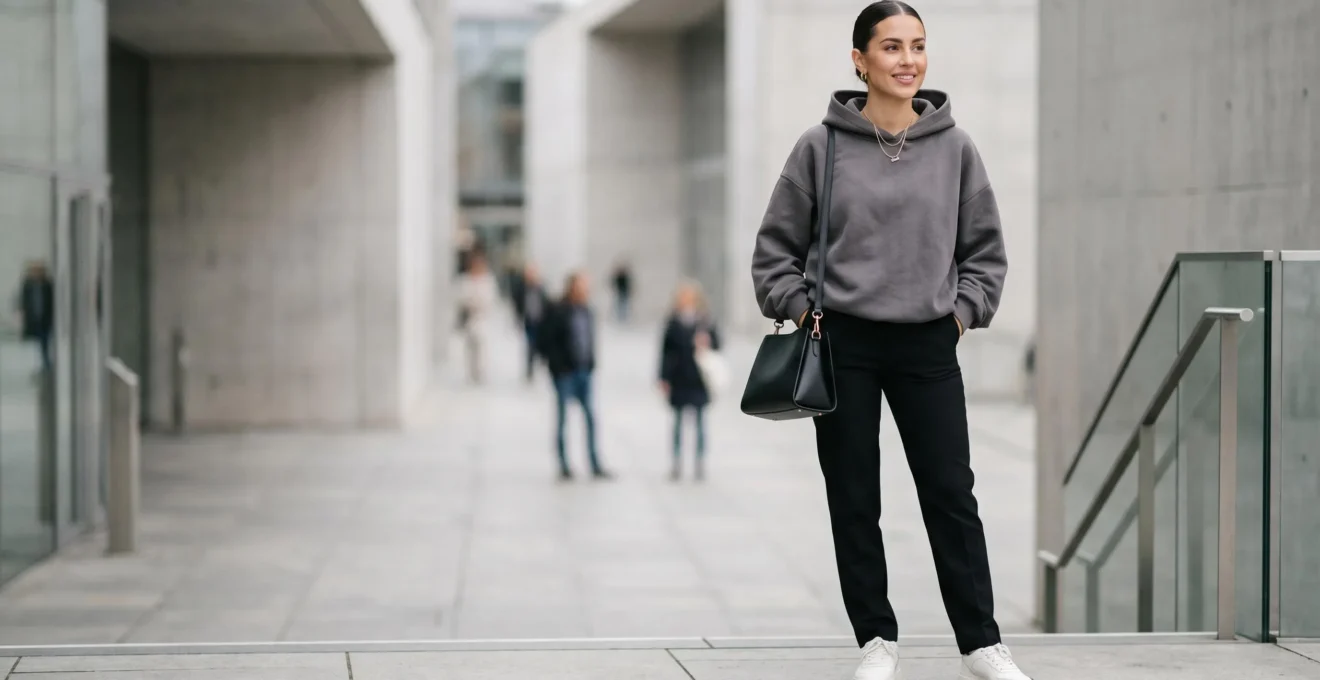 Donna che indossa una felpa oversize grigia con pantaloni a vita alta e accessori eleganti, in uno stile urbano e sofisticato