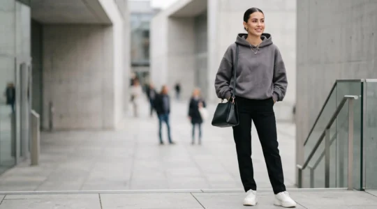 Donna che indossa una felpa oversize grigia con pantaloni a vita alta e accessori eleganti, in uno stile urbano e sofisticato