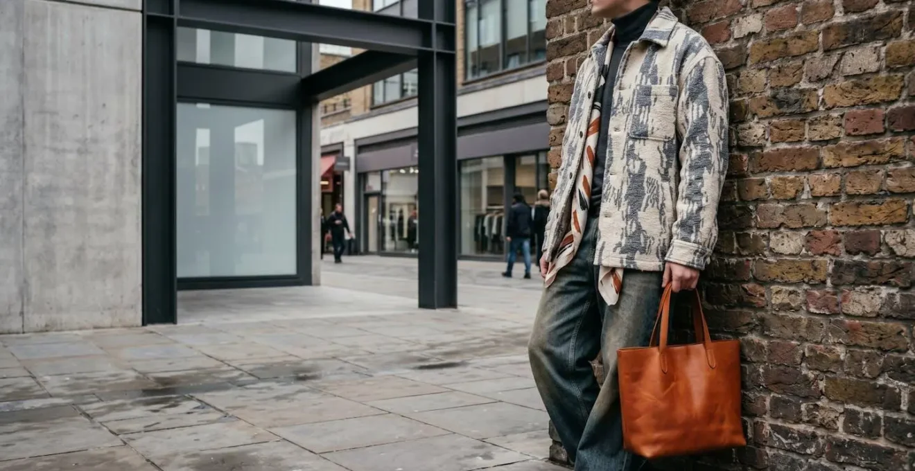Composizione urbana che rappresenta la fusione tra streetwear e alta moda in un contesto metropolitano contemporaneo