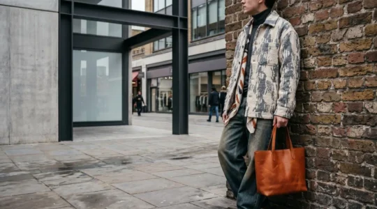 Composizione urbana che rappresenta la fusione tra streetwear e alta moda in un contesto metropolitano contemporaneo