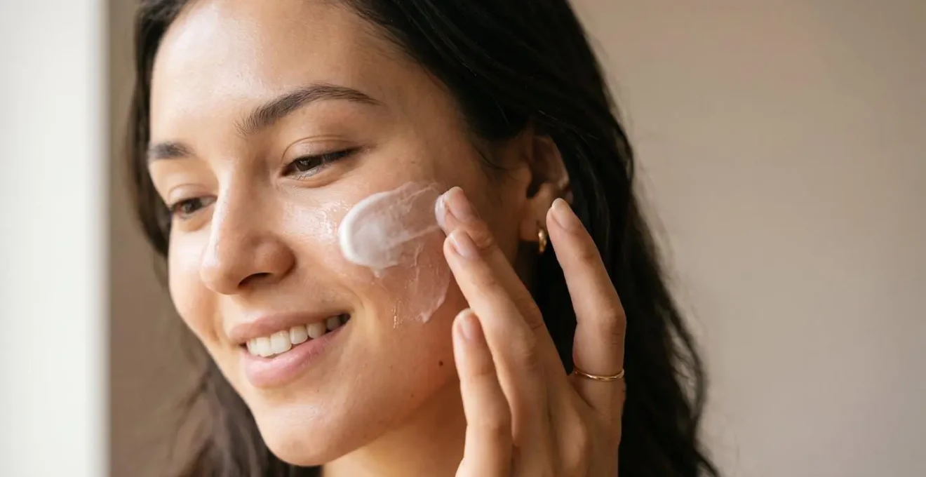 Applicazione delicata di emulsione ricca su pelle mista con texture cremosa