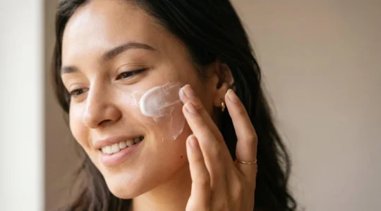 Applicazione delicata di emulsione ricca su pelle mista con texture cremosa