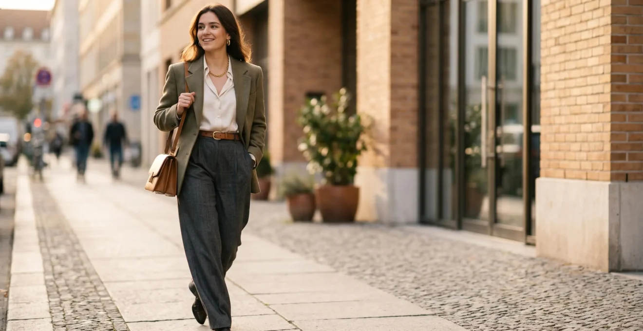 Persona elegante fotografata in strada con outfit curato e dettagli alla moda, composizione urbana naturale