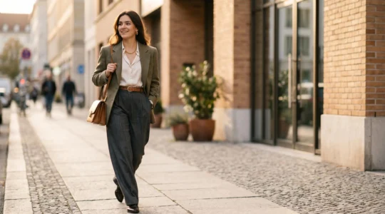 Persona elegante fotografata in strada con outfit curato e dettagli alla moda, composizione urbana naturale