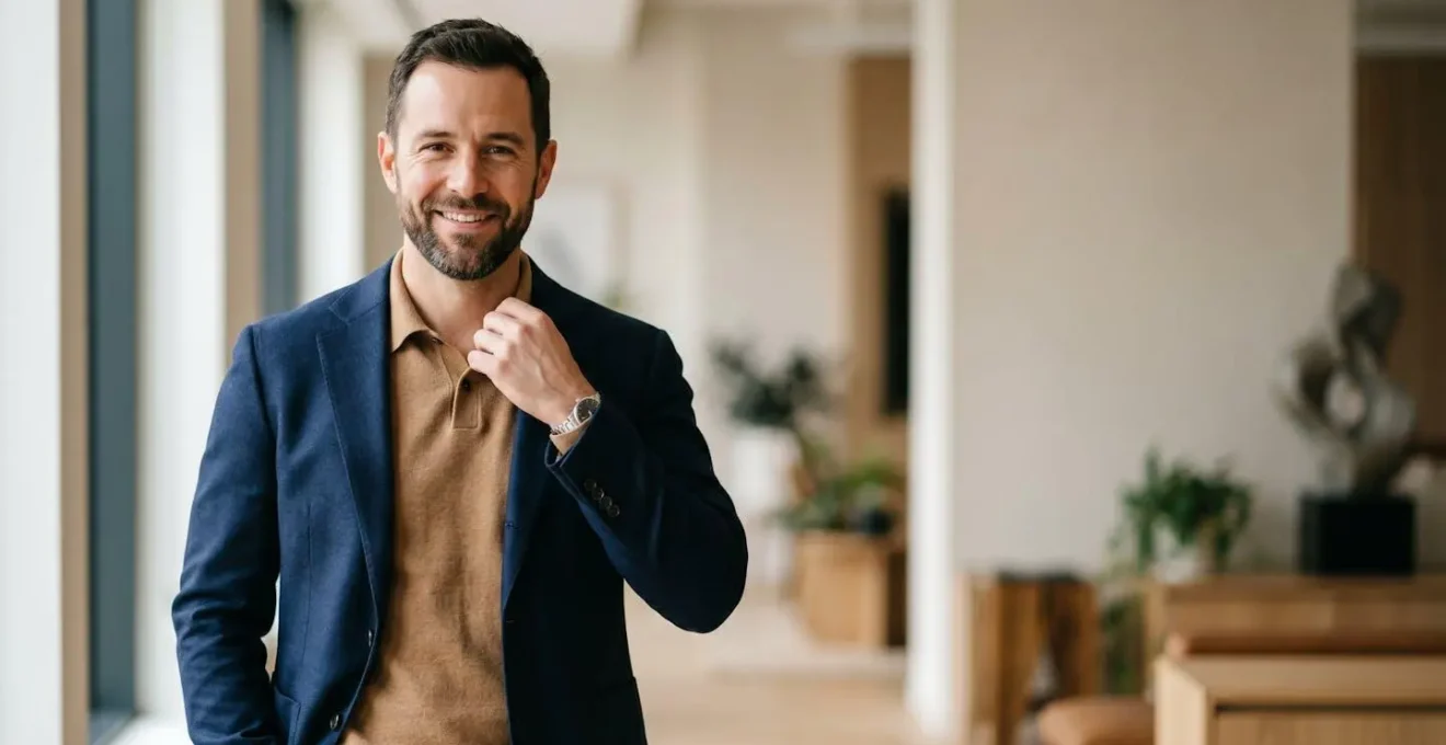 Uomo elegante in giacca e polo a manica lunga che rappresenta il nuovo stile formale senza cravatta