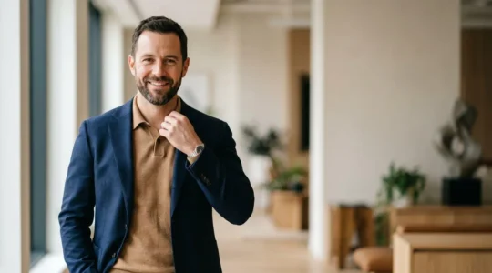 Uomo elegante in giacca e polo a manica lunga che rappresenta il nuovo stile formale senza cravatta