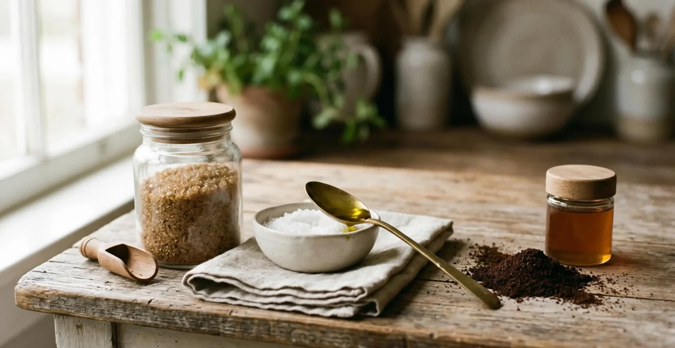 Ingredienti naturali per scrub fatto in casa su piano di lavoro in cucina
