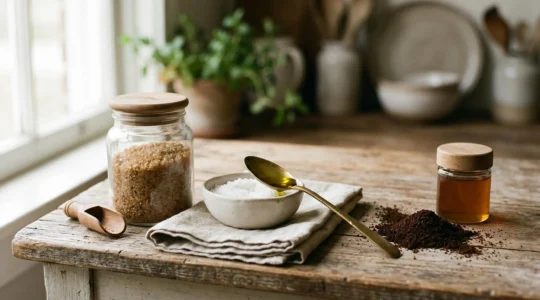 Ingredienti naturali per scrub fatto in casa su piano di lavoro in cucina