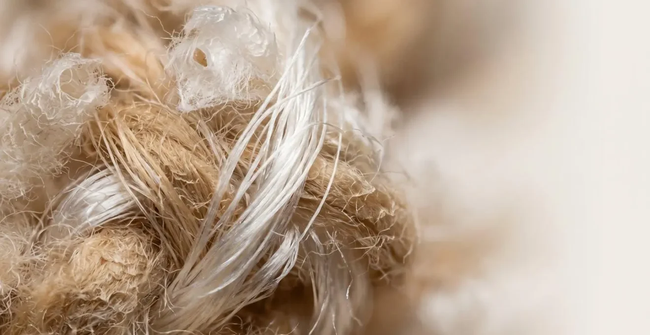 Dettaglio macro di fibre di cashmere e seta intrecciate che mostrano la struttura naturale e la qualità dei materiali pregiati
