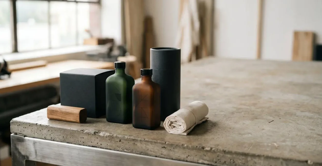 Composizione minimalista di prodotti benessere maschili con texture naturali e packaging essenziale