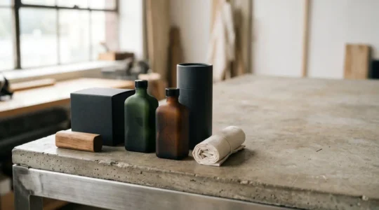 Composizione minimalista di prodotti benessere maschili con texture naturali e packaging essenziale