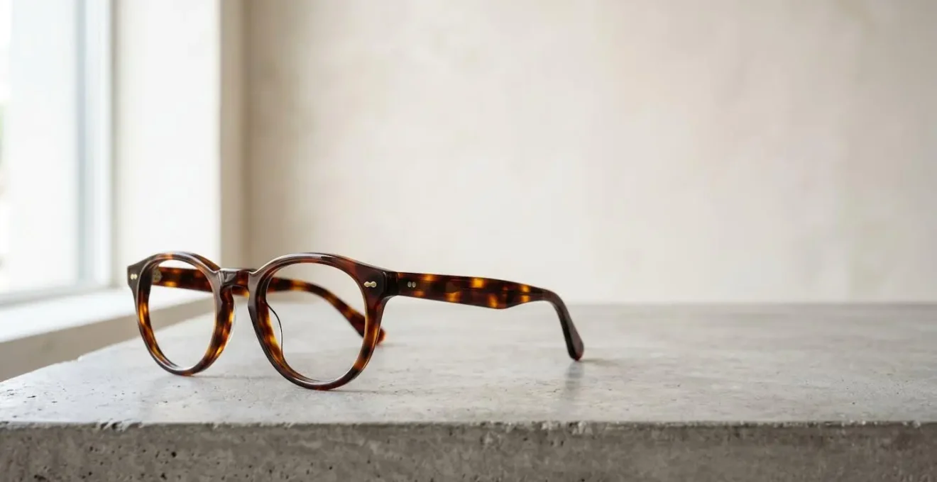 Eleganti occhiali vintage con montatura retrò su superficie minimalista