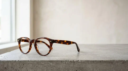 Eleganti occhiali vintage con montatura retrò su superficie minimalista