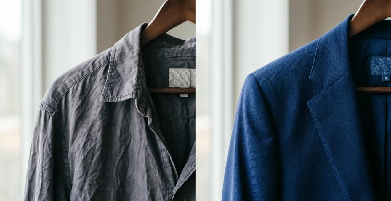 Confronto visivo tra outfit basilare trasandato e outfit curato con dettagli di qualità