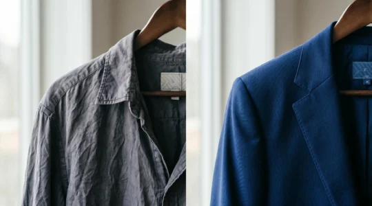 Confronto visivo tra outfit basilare trasandato e outfit curato con dettagli di qualità