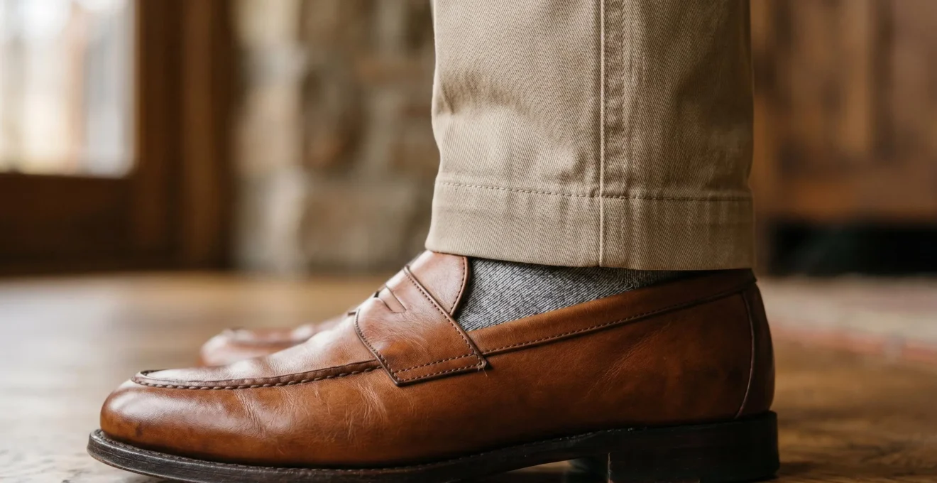 Dettaglio ravvicinato di pantaloni chino beige perfettamente indossati con scarpe eleganti