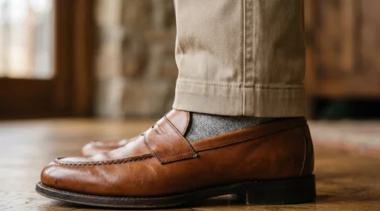 Dettaglio ravvicinato di pantaloni chino beige perfettamente indossati con scarpe eleganti