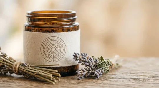 Dettaglio ravvicinato di etichette cosmetiche biologiche con certificazioni ICEA e AIAB su fondo naturale minimalista