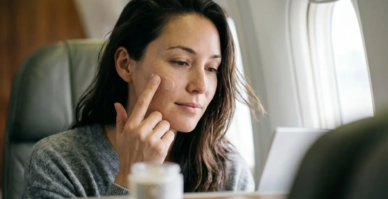 Primo piano di una donna che applica delicatamente prodotto skincare sul viso durante un viaggio aereo, con luce naturale soffusa