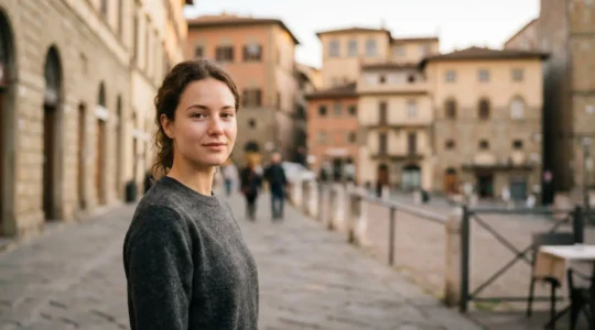 Donna con pelle luminosa protetta in ambiente urbano metropolitano italiano