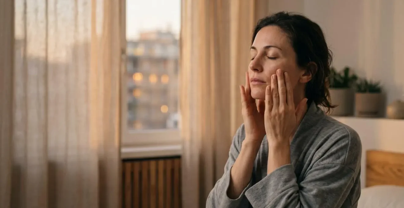 Persona che pratica automassaggio facciale serale in ambiente rilassante domestico