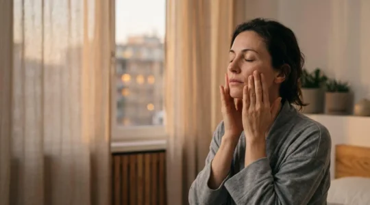 Persona che pratica automassaggio facciale serale in ambiente rilassante domestico