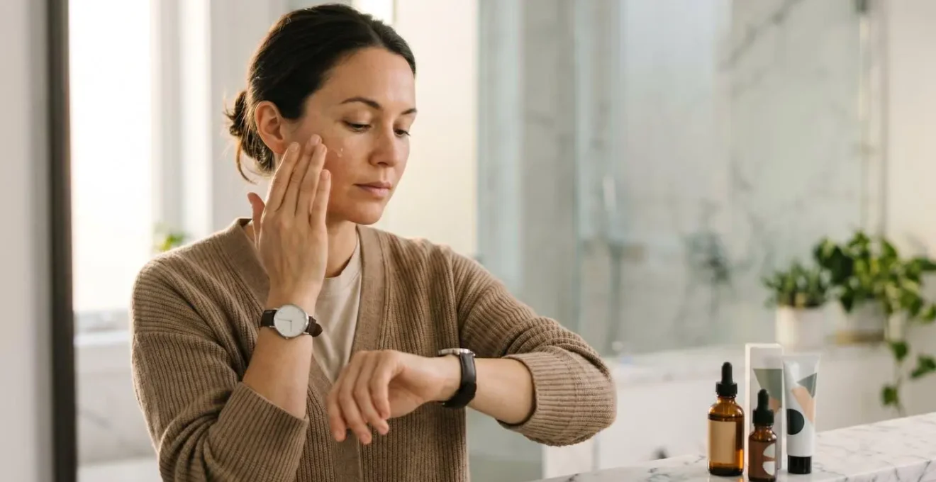 Madre che applica siero viso in bagno luminoso durante routine mattutina veloce