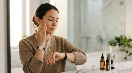 Madre che applica siero viso in bagno luminoso durante routine mattutina veloce