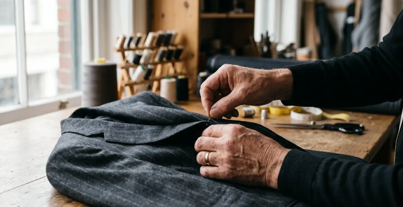 Mani di sarto che lavorano con precisione un tessuto pregiato su misura