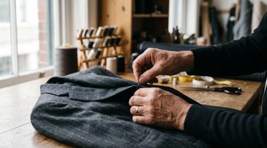Mani di sarto che lavorano con precisione un tessuto pregiato su misura