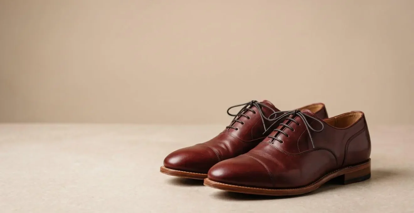 Eleganti scarpe in cuoio nuovo su superficie minimalista che evocano stile e comfort