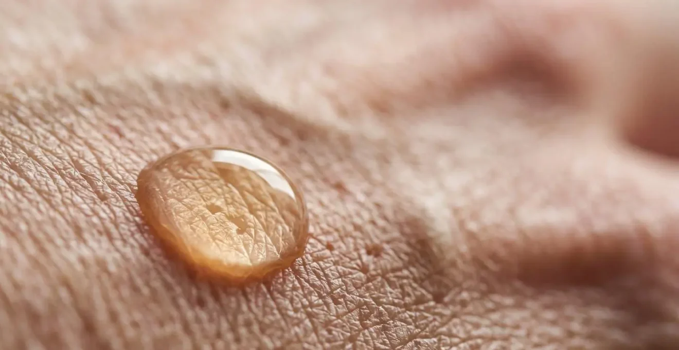 Siero di acido ialuronico con gocce cristalline su superficie matura, rappresentazione del trattamento anti-età per rughe profonde