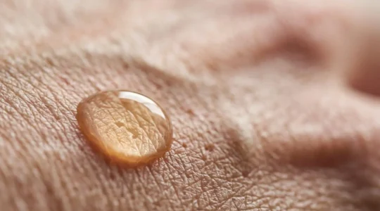 Siero di acido ialuronico con gocce cristalline su superficie matura, rappresentazione del trattamento anti-età per rughe profonde