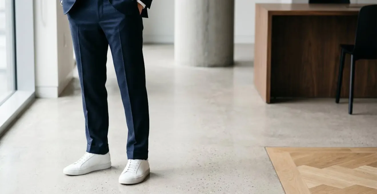 Sneakers bianche minimaliste in pelle abbinate a un completo sartoriale business casual in ambiente professionale moderno
