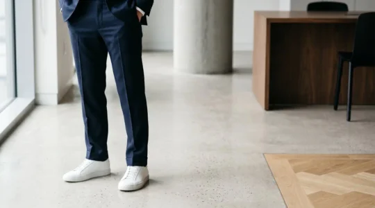 Sneakers bianche minimaliste in pelle abbinate a un completo sartoriale business casual in ambiente professionale moderno