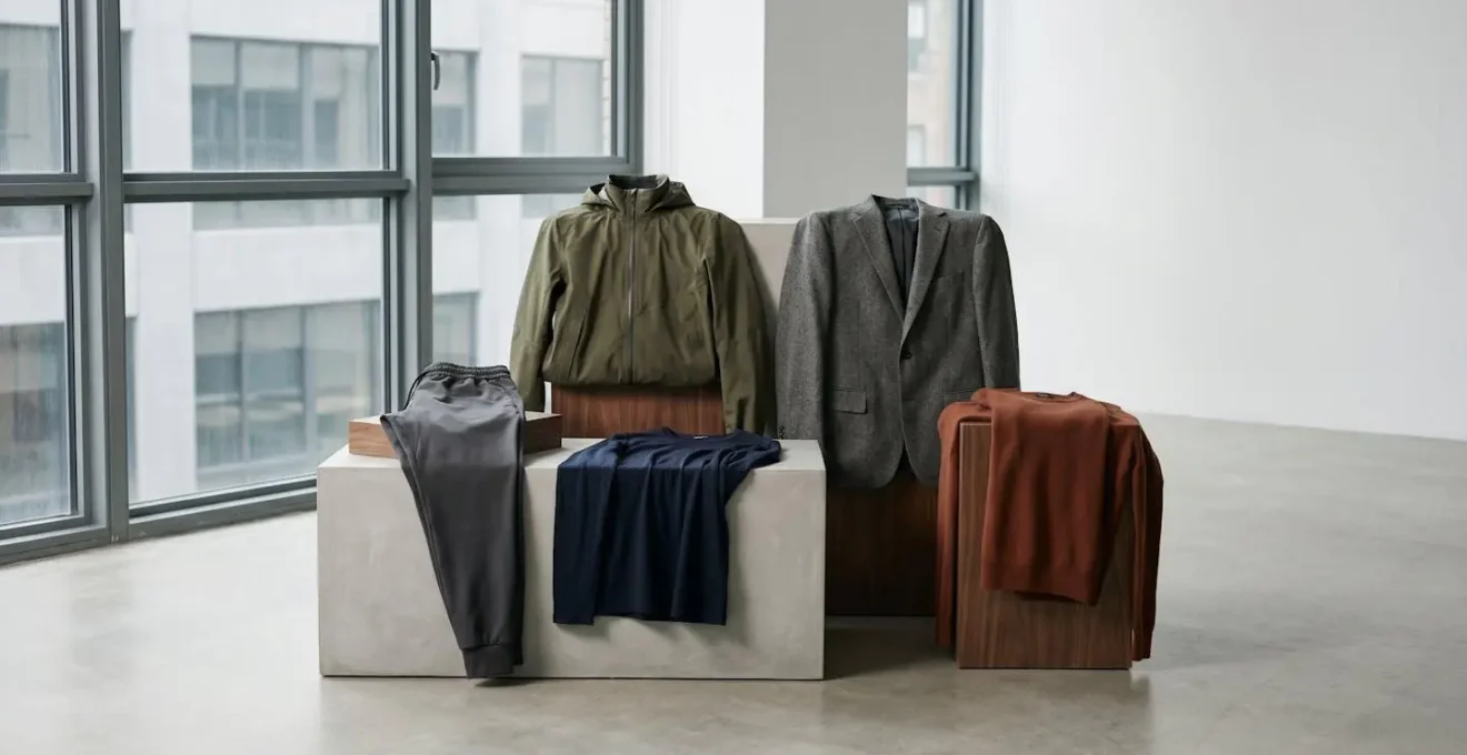 Composizione monocromatica di capi sportswear tecnici integrati con abbigliamento classico, superficie opaca e taglio sartoriale