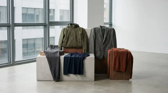Composizione monocromatica di capi sportswear tecnici integrati con abbigliamento classico, superficie opaca e taglio sartoriale