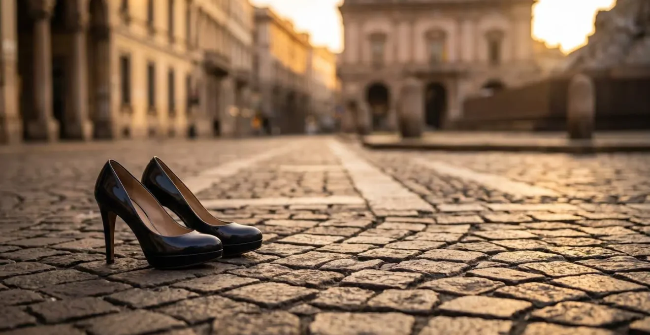 Eleganti scarpe con tacco alto e plateau su pavimento di sampietrini milanesi in controluce dorata