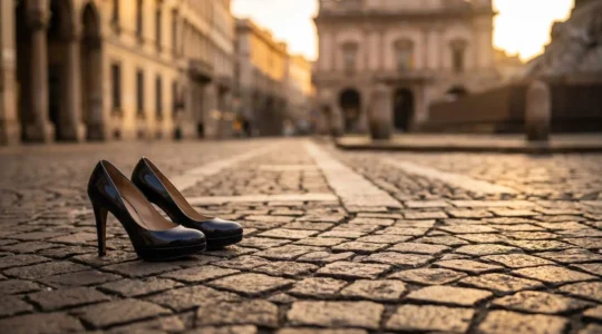 Eleganti scarpe con tacco alto e plateau su pavimento di sampietrini milanesi in controluce dorata