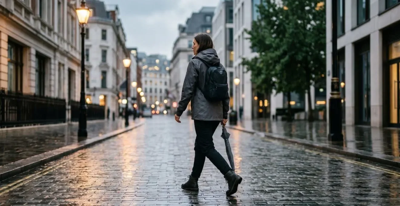 Composizione di tessuti tecnici performanti per abbigliamento urbano elegante sotto la pioggia