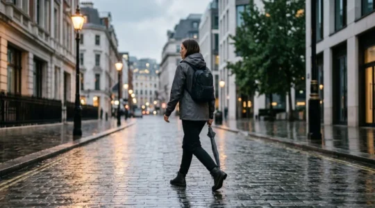 Composizione di tessuti tecnici performanti per abbigliamento urbano elegante sotto la pioggia