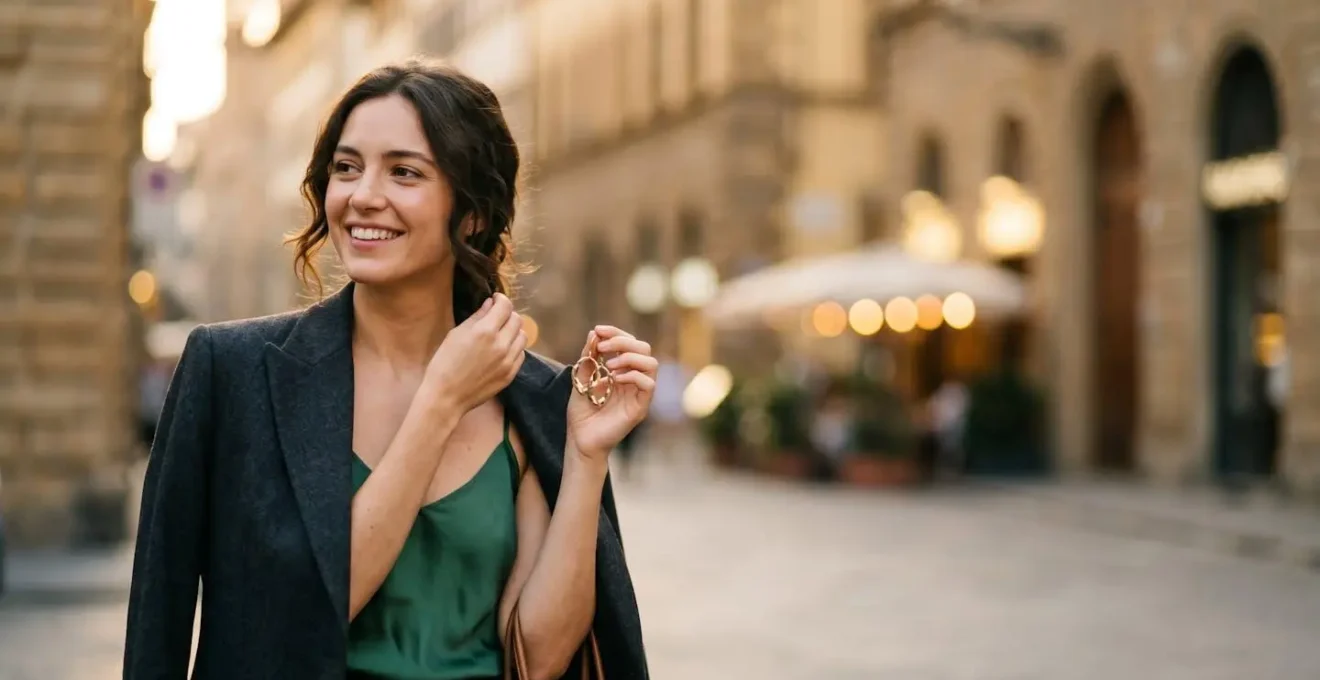 Professionista femminile che aggiunge accessori eleganti per trasformare il look da ufficio a serale