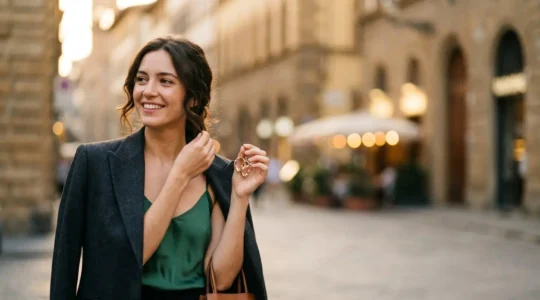 Professionista femminile che aggiunge accessori eleganti per trasformare il look da ufficio a serale