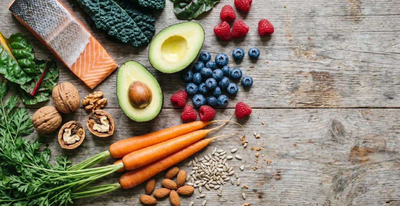 Primo piano di cibi ricchi di vitamine su un tavolo in legno naturale con luce soffusa