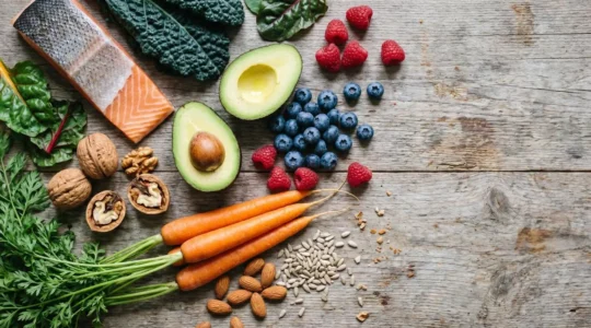 Primo piano di cibi ricchi di vitamine su un tavolo in legno naturale con luce soffusa